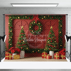 Aperturee - Aperturee Elegant Red Christmas Wall Photography Backdrop Garland Frame with Trees Traditional Holiday Photo Background
