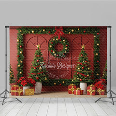 Aperturee - Aperturee Elegant Red Christmas Wall Photography Backdrop Garland Frame with Trees Traditional Holiday Photo Background