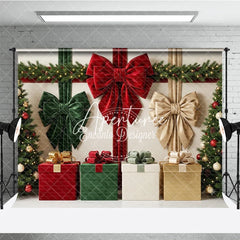 Aperturee - Aperturee Elegant Red Green Gold Velvet Bows and Christmas Tree Holiday Backdrop Festive Gift Boxes and Ornaments Decor