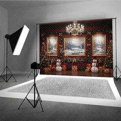 Aperturee - Aperturee Elegant Red Room Christmas Photography Backdrop Snowmen and Chandelier Traditional Holiday Photo Background
