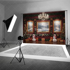 Aperturee - Aperturee Elegant Red Room Christmas Photography Backdrop Snowmen and Chandelier Traditional Holiday Photo Background