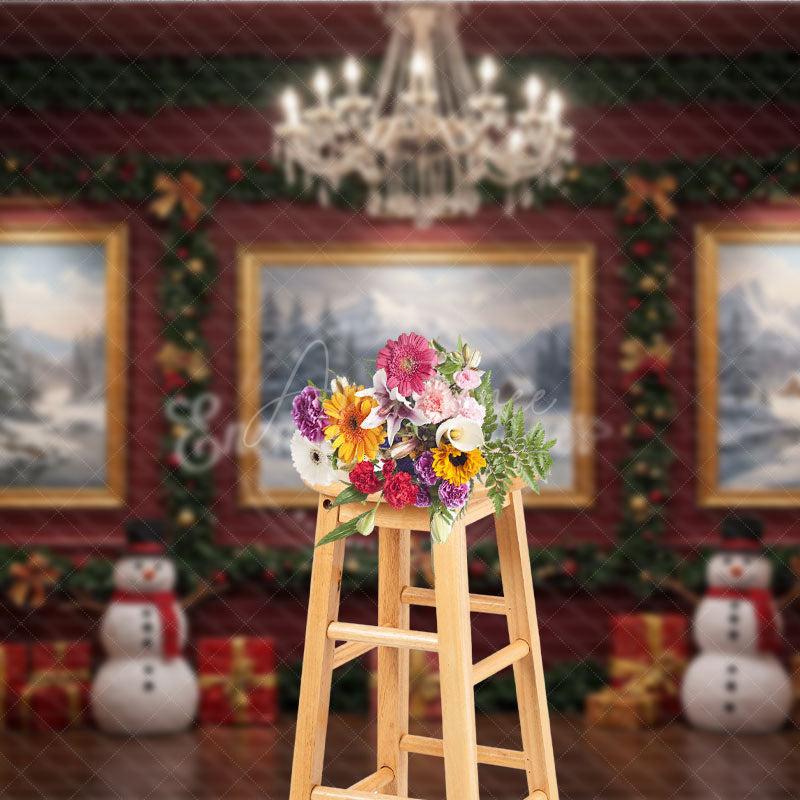 Aperturee - Aperturee Elegant Red Room Christmas Photography Backdrop Snowmen and Chandelier Traditional Holiday Photo Background