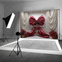 Aperturee - Aperturee Elegant Red Satin Bow and White Pearl Garlands Photography Backdrop Romantic Floral Arrangement for Celebrations