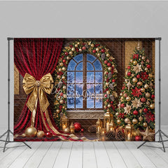 Aperturee - Aperturee Elegant Red Velvet Curtain Gold Bow Holiday Backdrop with Arched Window Snowy Winter Christmas Tree Decor