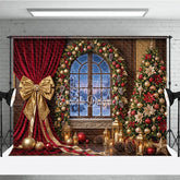 Aperturee - Aperturee Elegant Red Velvet Curtain Gold Bow Holiday Backdrop with Arched Window Snowy Winter Christmas Tree Decor