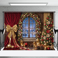 Aperturee - Aperturee Elegant Red Velvet Curtain Gold Bow Holiday Backdrop with Arched Window Snowy Winter Christmas Tree Decor