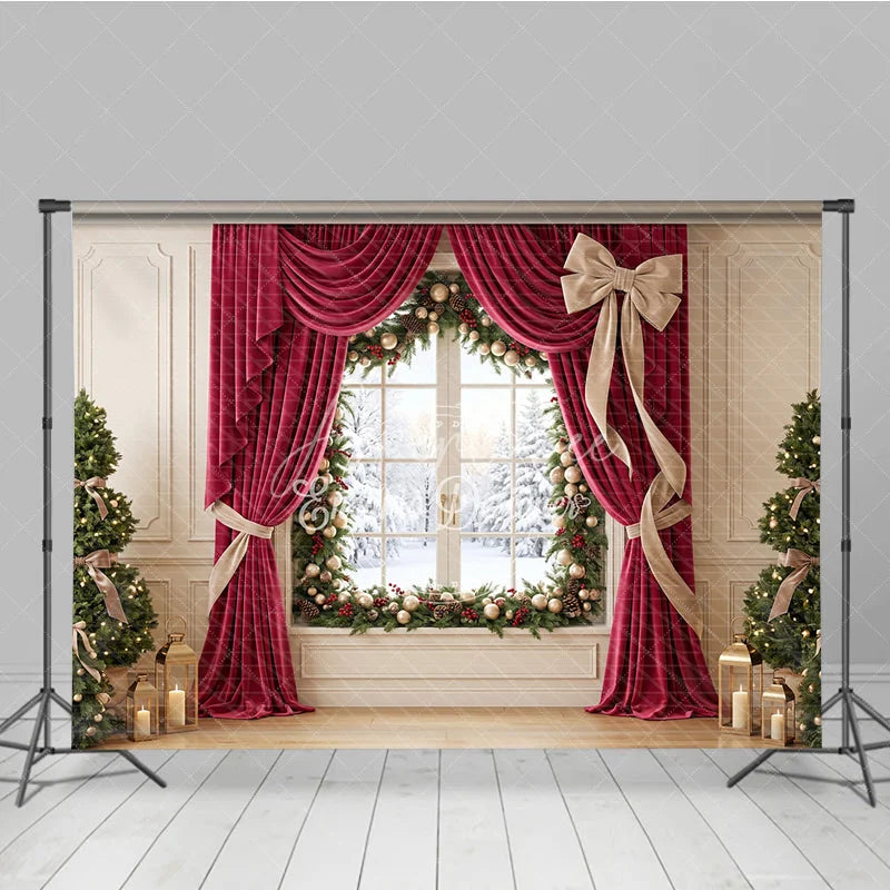 Aperturee - Aperturee Elegant Red Velvet Curtain Holiday Backdrop with Snowy Window and Christmas Trees Festive Winter Decor