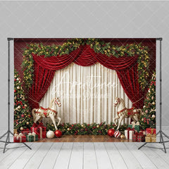 Aperturee - Aperturee Elegant Red Velvet Drapes and Christmas Tree Holiday Backdrop Festive Garland and Rocking Horse Decor