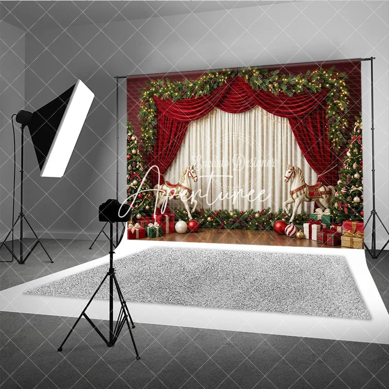 Aperturee - Aperturee Elegant Red Velvet Drapes and Christmas Tree Holiday Backdrop Festive Garland and Rocking Horse Decor