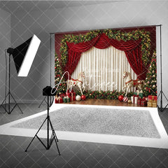 Aperturee - Aperturee Elegant Red Velvet Drapes and Christmas Tree Holiday Backdrop Festive Garland and Rocking Horse Decor