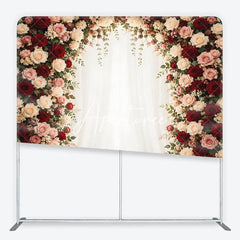 Aperturee - Aperturee Elegant Rose Floral Arch Square Double-Sided Backdrop with Red Pink and White Flowers Wedding Anniversary Decor