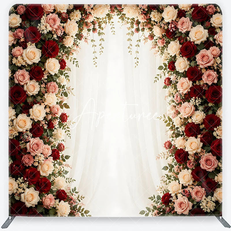 Aperturee - Aperturee Elegant Rose Floral Arch Square Double-Sided Backdrop with Red Pink and White Flowers Wedding Anniversary Decor