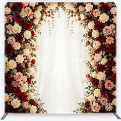 Aperturee - Aperturee Elegant Rose Floral Arch Square Double-Sided Backdrop with Red Pink and White Flowers Wedding Anniversary Decor