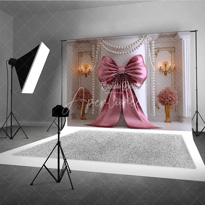 Aperturee - Aperturee Elegant Rose Gold Bow and Pearl Garland Photography Backdrop Classic Luxury Party Decor