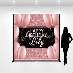 Aperturee - Aperturee Elegant Rose Gold Glitter Black Happy Birthday Custom Backdrop Personalized Name Party Decor with Balloons