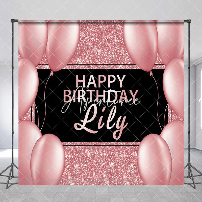 Aperturee - Aperturee Elegant Rose Gold Glitter Black Happy Birthday Custom Backdrop Personalized Name Party Decor with Balloons