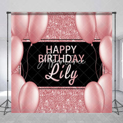 Aperturee - Aperturee Elegant Rose Gold Glitter Black Happy Birthday Custom Backdrop Personalized Name Party Decor with Balloons