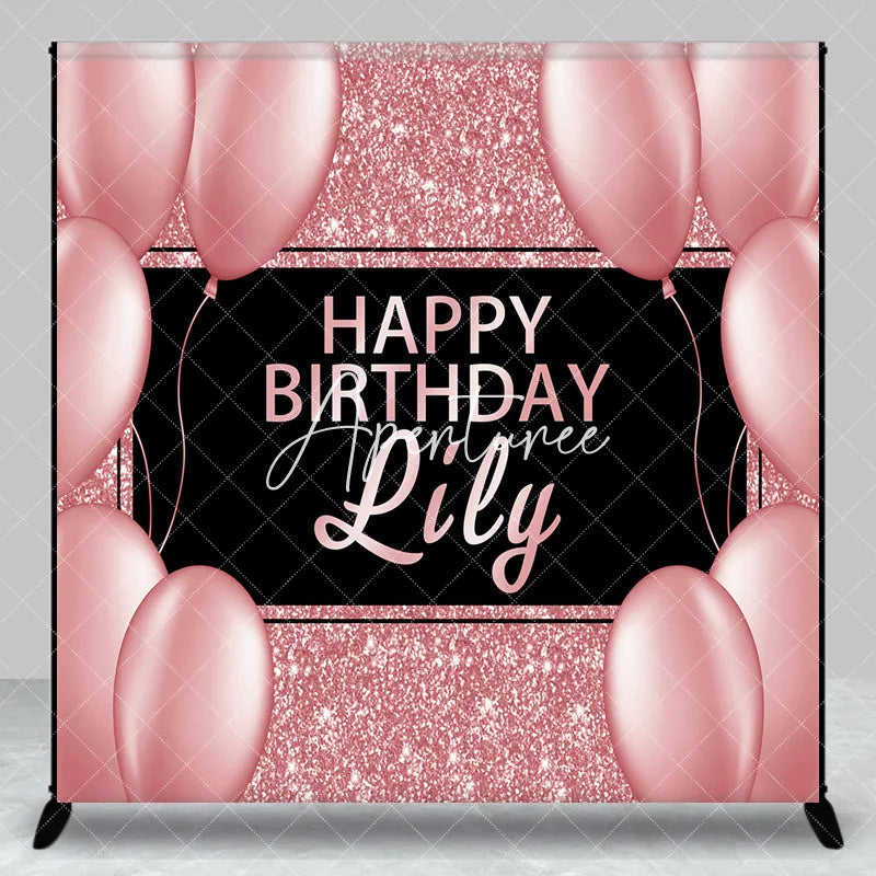 Aperturee - Aperturee Elegant Rose Gold Glitter Black Happy Birthday Custom Backdrop Personalized Name Party Decor with Balloons
