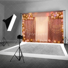 Aperturee - Aperturee Elegant Rose Gold Sequin and White Curtain Photography Backdrop with Balloons String Lights for Party Decor