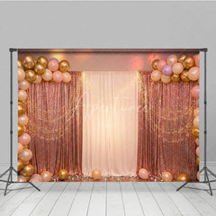 Aperturee - Aperturee Elegant Rose Gold Sequin and White Curtain Photography Backdrop with Balloons String Lights for Party Decor