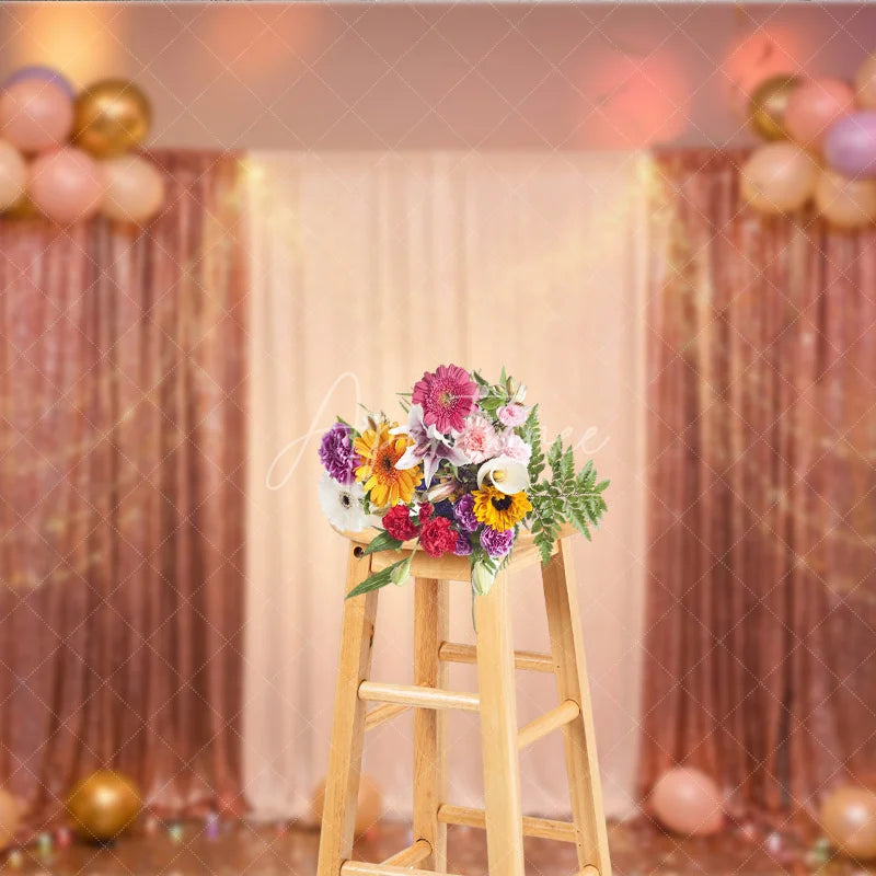 Aperturee - Aperturee Elegant Rose Gold Sequin and White Curtain Photography Backdrop with Balloons String Lights for Party Decor