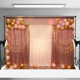 Aperturee - Aperturee Elegant Rose Gold Sequin and White Curtain Photography Backdrop with Balloons String Lights for Party Decor