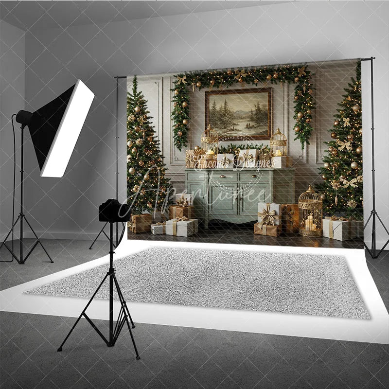 Aperturee - Aperturee Elegant Sage Green Christmas Photography Backdrop Vintage Console with Trees Gold Cages Holiday Background