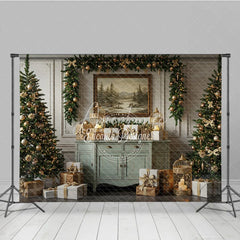 Aperturee - Aperturee Elegant Sage Green Christmas Photography Backdrop Vintage Console with Trees Gold Cages Holiday Background