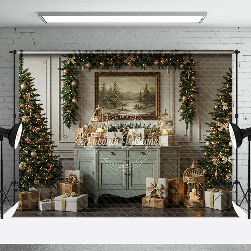 Aperturee - Aperturee Elegant Sage Green Christmas Photography Backdrop Vintage Console with Trees Gold Cages Holiday Background