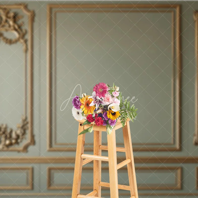 Aperturee - Aperturee Elegant Sage Green Wall with Golden Ornate Moldings and Cherubs Photography Backdrop Classical Fine Art Decor