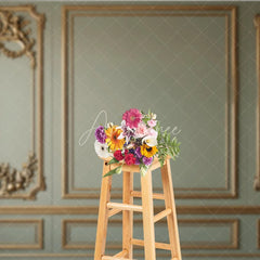 Aperturee - Aperturee Elegant Sage Green Wall with Golden Ornate Moldings and Cherubs Photography Backdrop Classical Fine Art Decor