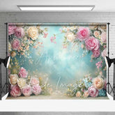 Aperturee - Aperturee Elegant Spring Floral Backdrop Pink and Cream Roses Light Blue Sky Photography Background for Wedding