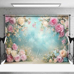 Aperturee - Aperturee Elegant Spring Floral Backdrop Pink and Cream Roses Light Blue Sky Photography Background for Wedding