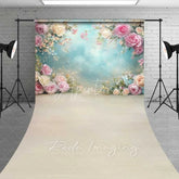 Aperturee - Aperturee Elegant Spring Floral Roses Backdrop Pastel Flowers Blue Sky Wooden Floor for Baby Shower Wedding Photography