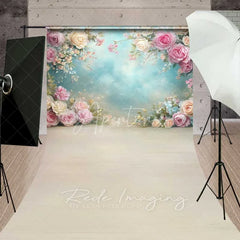 Aperturee - Aperturee Elegant Spring Floral Roses Backdrop Pastel Flowers Blue Sky Wooden Floor for Baby Shower Wedding Photography