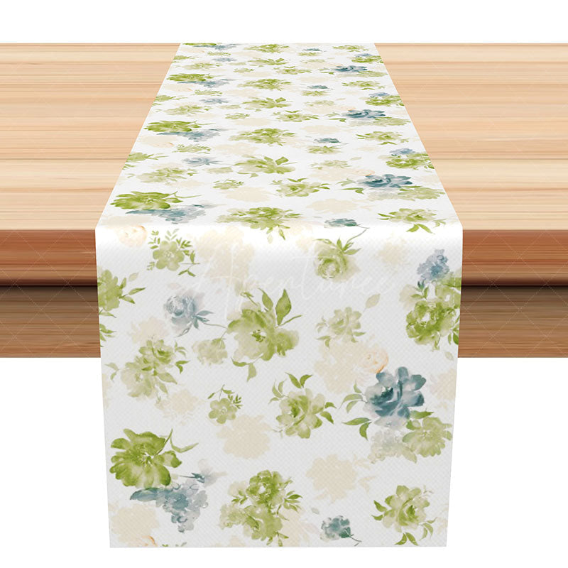 Aperturee - Aperturee Elegant Spring Table Runner with Green Blooming Flowers for Formal Dining and Wedding Reception Decor