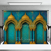 Aperturee - Aperturee Elegant Teal and Gold Moroccan Arches Photography Backdrop Exotic Arabian Palace Theme Textured Photo Studio Decor