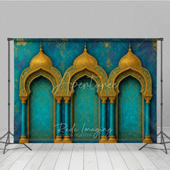 Aperturee - Aperturee Elegant Teal and Gold Moroccan Arches Photography Backdrop Exotic Arabian Palace Theme Textured Photo Studio Decor
