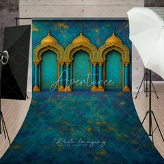 Aperturee - Aperturee Elegant Teal Blue and Gold Ornate Archways Sweep Backdrop Exotic Moroccan Palace Photography Background