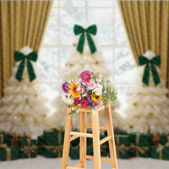 Aperturee - Aperturee Elegant Tulle Christmas Tree Photography Backdrop Green Bows and Gold Curtains Whimsical Holiday Photo Background