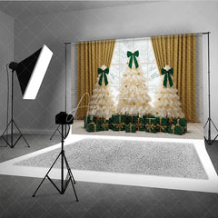 Aperturee - Aperturee Elegant Tulle Christmas Tree Photography Backdrop Green Bows and Gold Curtains Whimsical Holiday Photo Background