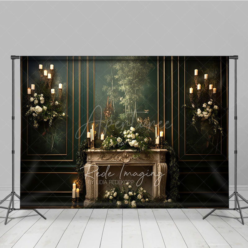 Aperturee - Aperturee Elegant Vintage Fireplace Photography Backdrop Dark Green Mural Wall with Candles Moody Romantic Photo Background
