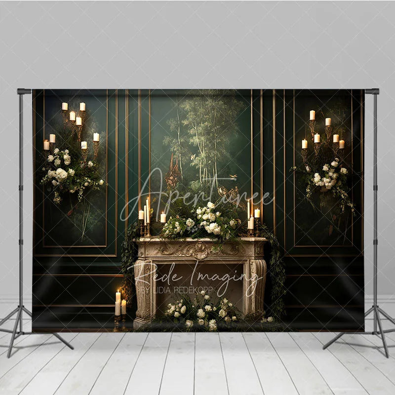 Aperturee - Aperturee Elegant Vintage Fireplace Photography Backdrop Dark Green Mural Wall with Candles Moody Romantic Photo Background