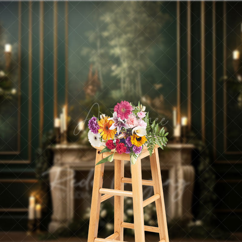 Aperturee - Aperturee Elegant Vintage Fireplace Photography Backdrop Dark Green Mural Wall with Candles Moody Romantic Photo Background