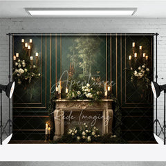 Aperturee - Aperturee Elegant Vintage Fireplace Photography Backdrop Dark Green Mural Wall with Candles Moody Romantic Photo Background