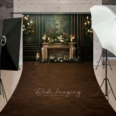 Aperturee - Aperturee Elegant Vintage Fireplace Sweep Backdrop Dark Green Mural Wall with Candles Moody Romantic Photo Floor Drop
