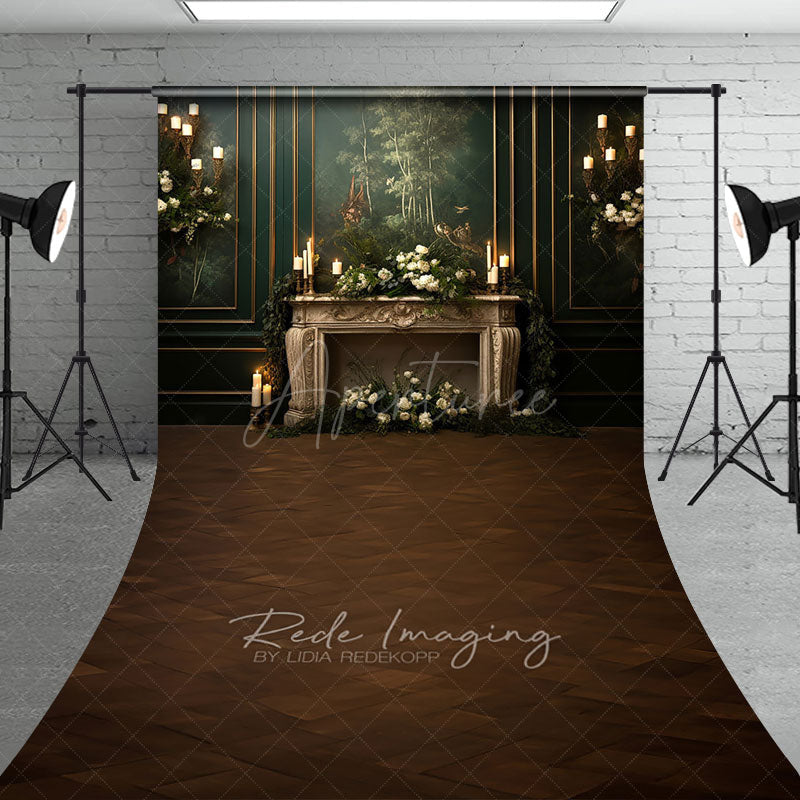 Aperturee - Aperturee Elegant Vintage Fireplace Sweep Backdrop Dark Green Mural Wall with Candles Moody Romantic Photo Floor Drop