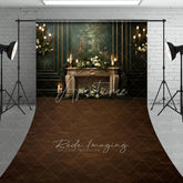 Aperturee - Aperturee Elegant Vintage Fireplace Sweep Backdrop Dark Green Mural Wall with Candles Moody Romantic Photo Floor Drop