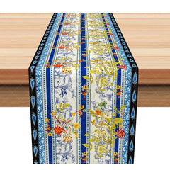Aperturee - Aperturee Elegant Vintage Floral Table Runner Blue and Yellow Paisley Border for Farmhouse and Traditional Dining