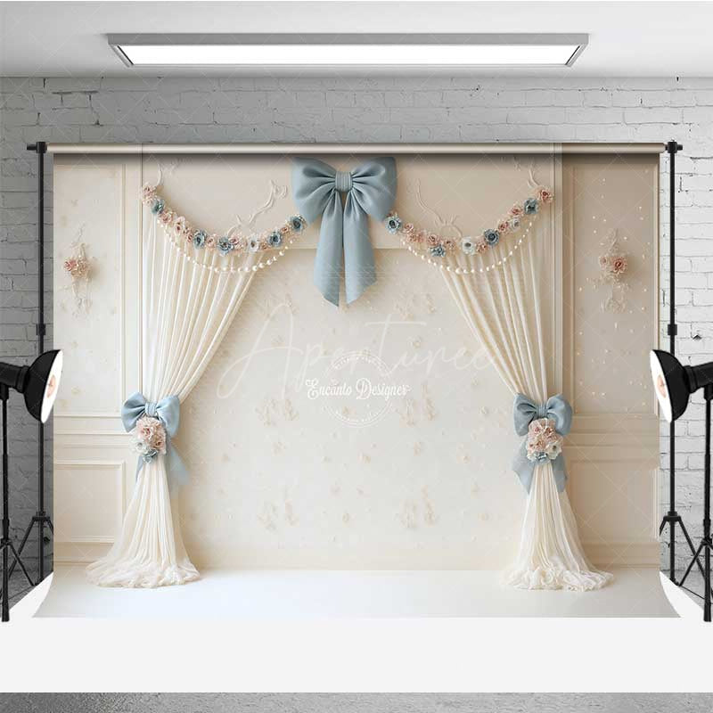 Aperturee - Aperturee Elegant Vintage Wedding Photography Backdrop Cream Curtains with Blue Bows Classic and Romantic Studio Prop